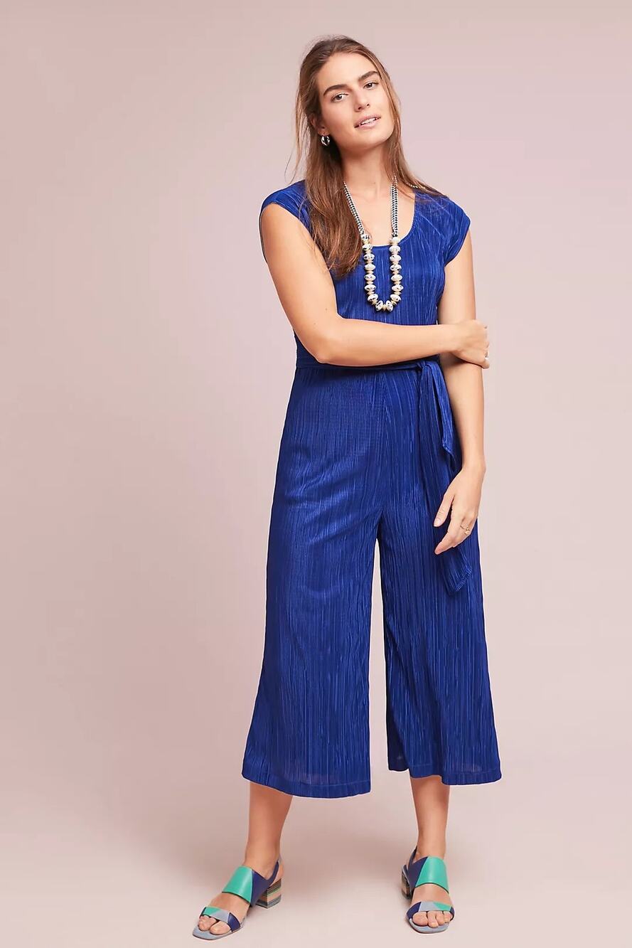 Anthropologie Maeve Sonata Pleated Wide Leg Jumpsuit Blue Size 10